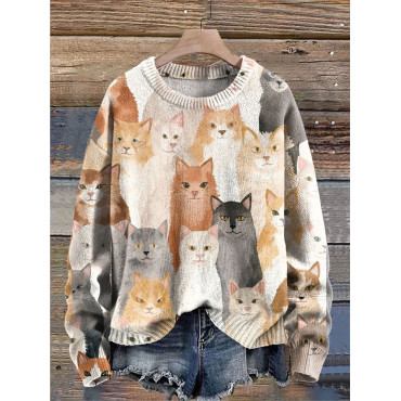 Diverse Cats Print Knit Pullover Sweater