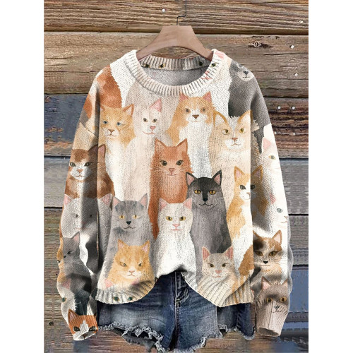 Diverse Cats Print Knit Pullover Sweater