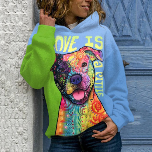 Dog Print Long Sleeve Casual Hoodie
