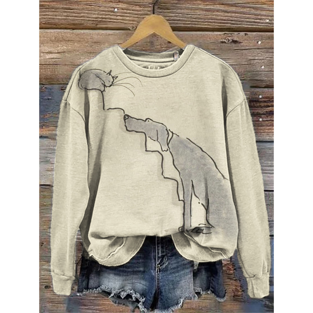 Dog & Cat on the Stairs Line Art Comfy Sweatshirt