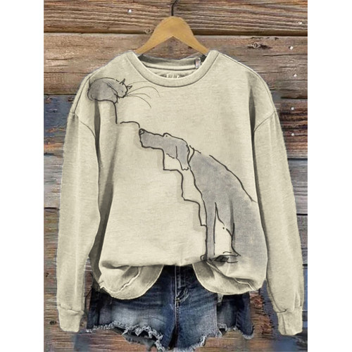 Dog & Cat on the Stairs Line Art Comfy Sweatshirt