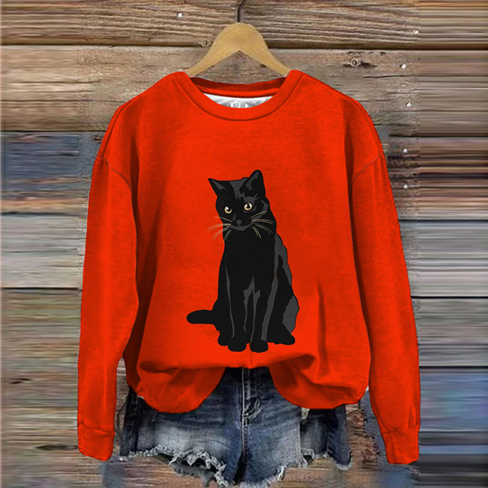 Doubtful Black Cat Casual Long Sleeve Sweatshirt