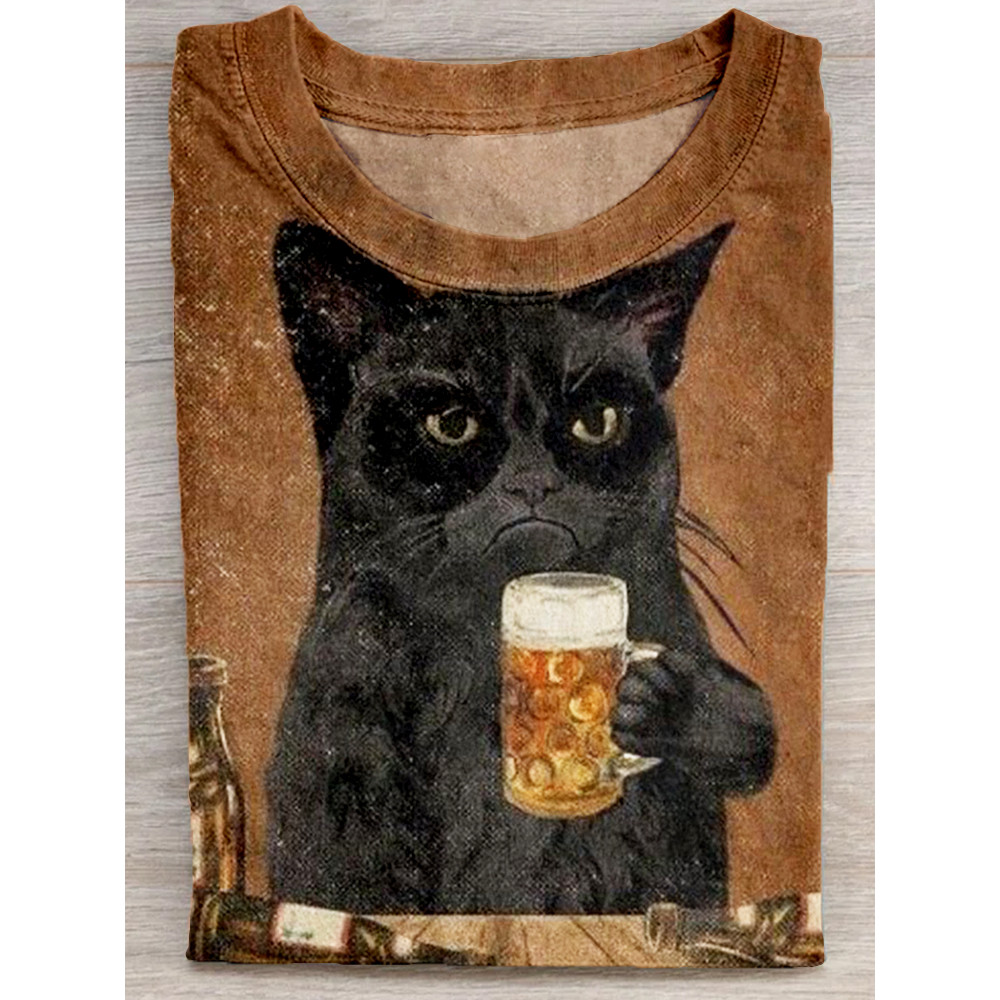 Drinking Cat Art Print Crew Neck Casual T Shirt