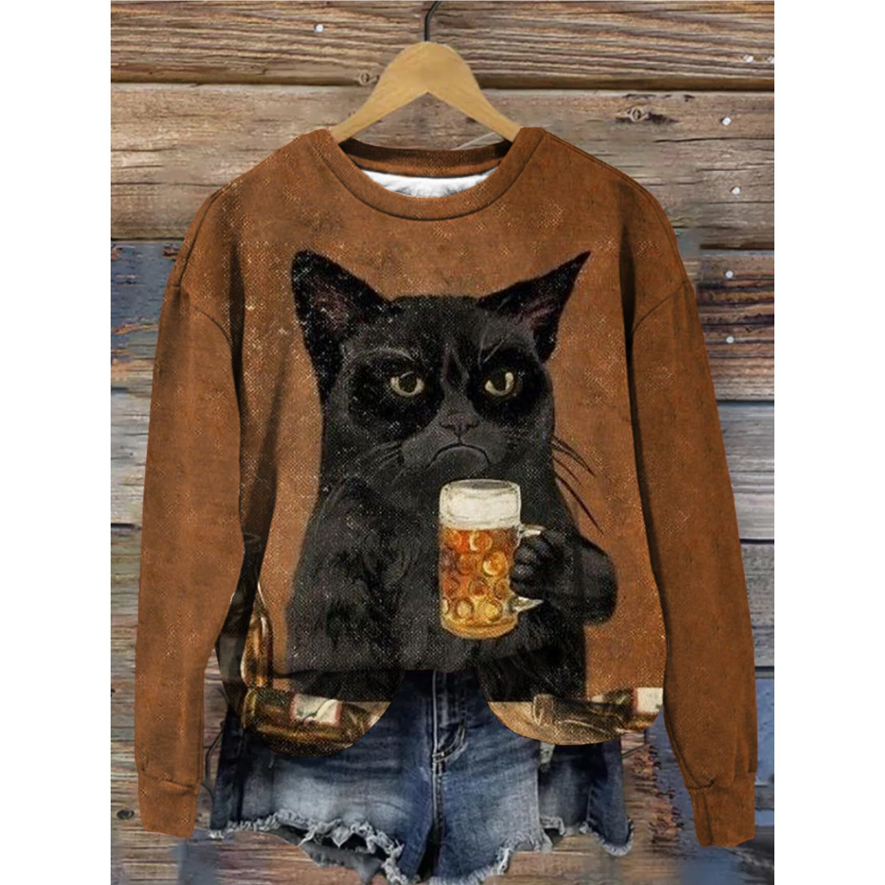 Drinking Cat Art Print Vintage Comfy Sweatshirt