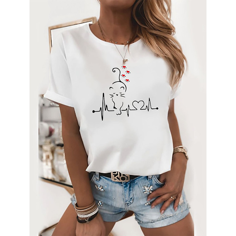 ECG Cat Print Short Sleeve Casual T-Shirt