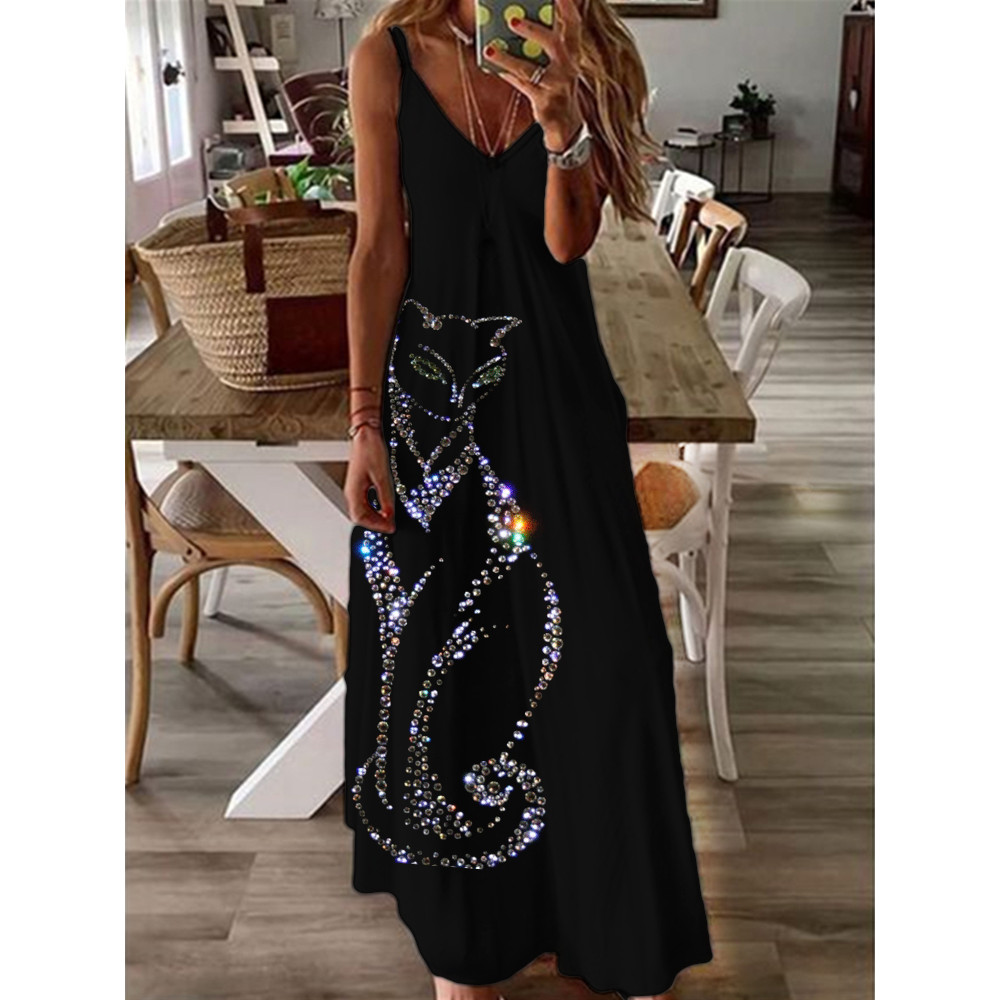 Elegant Cat Glitter Art Cami Maxi Dress