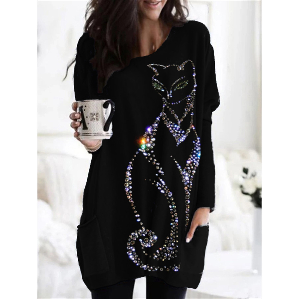 Elegant Cat Glitter Art Patch Pocket Tunic