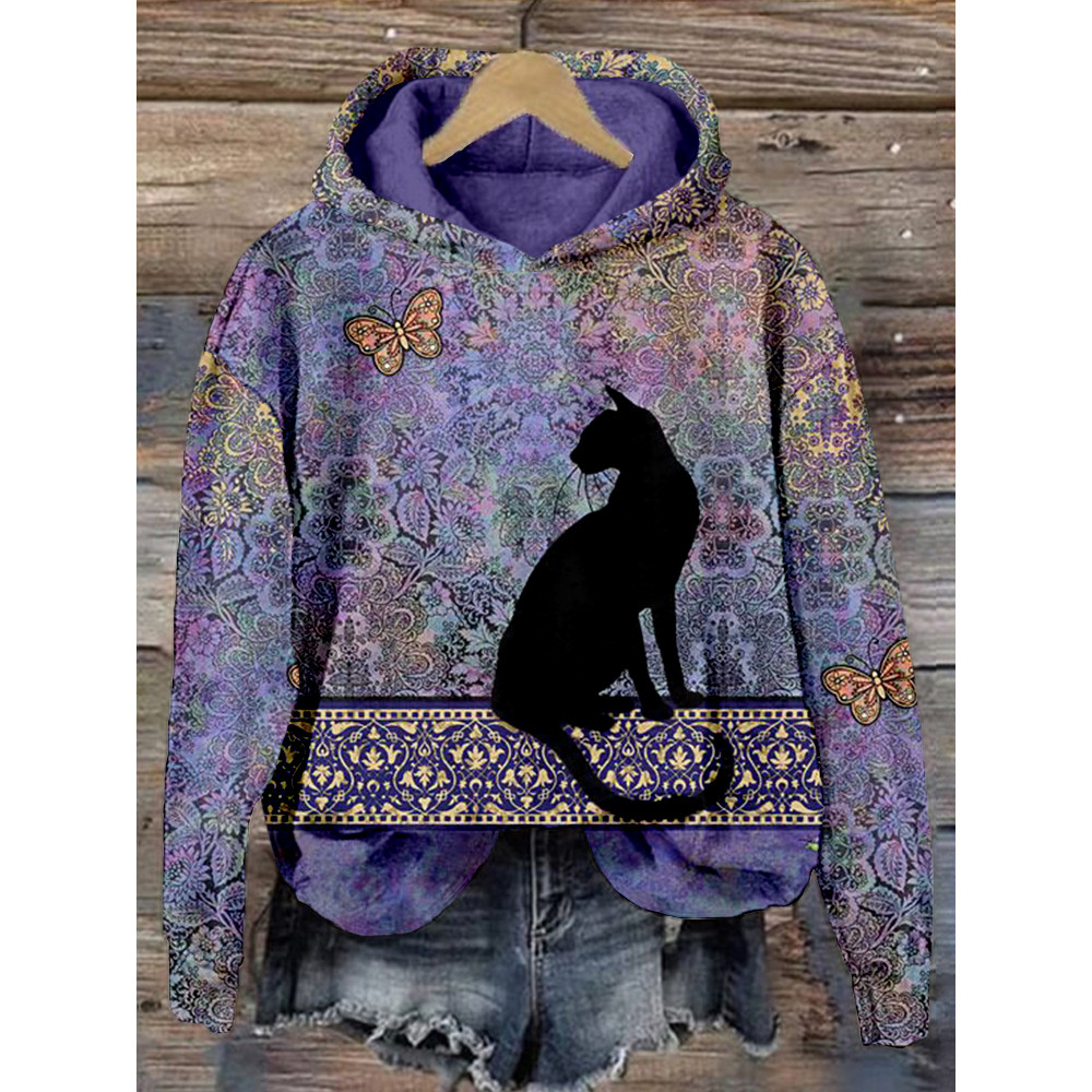 Elegant Cat Silhouette Art Graphic Cozy Hoodie