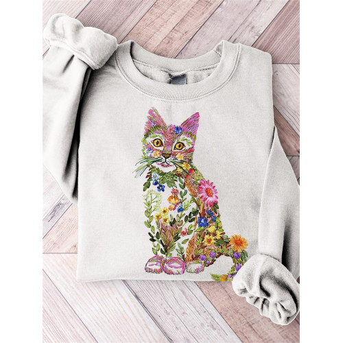 Elegant Floral Cat Embroidery Art Comfy Sweatshirt