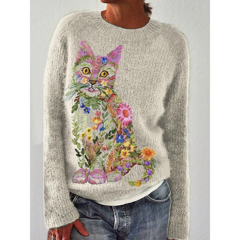 Elegant Floral Cat Embroidery Art Cozy Sweater