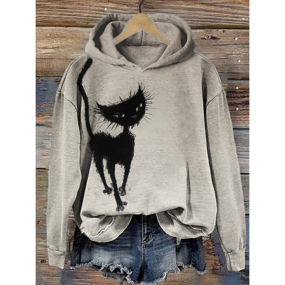 Elegant Fuzzy Black Cat Art Cozy Hoodie