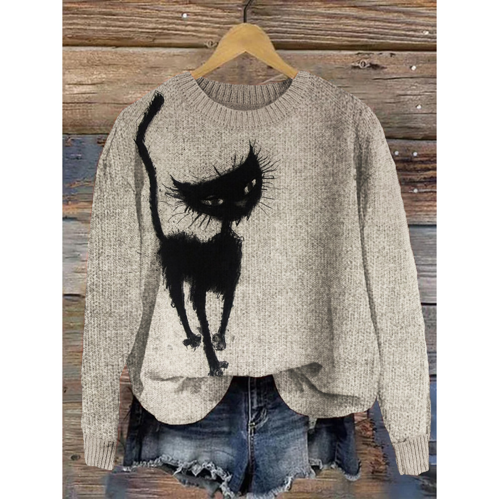 Elegant Fuzzy Black Cat Art Cozy Sweater