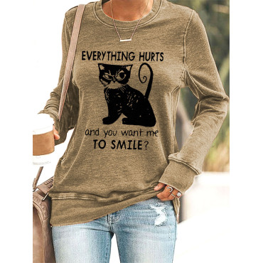 Everything Hurts And You Want Me To Smile Funny Black Cat Print Cotton Sweatshirt