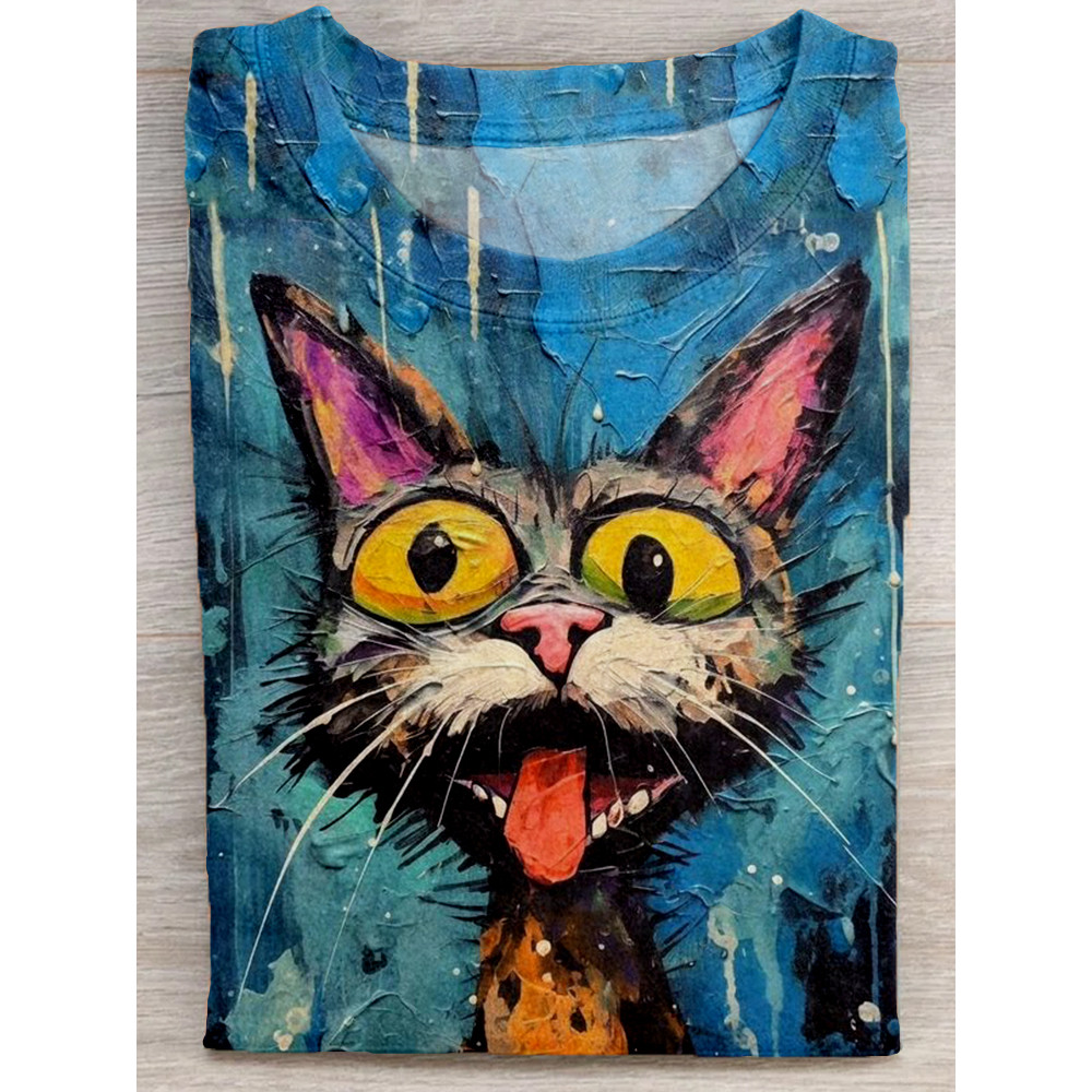 Fantastic Cat Art Print Round Neck T Shirt