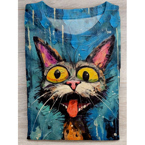 Fantastic Cat Art Print Round Neck T Shirt