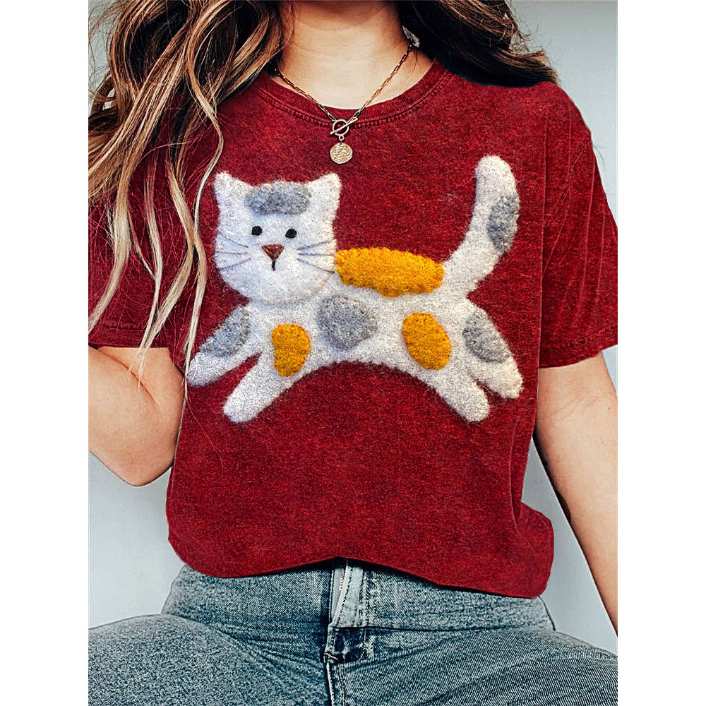 Felt Cat Vintage Casual Cozy T-Shirt
