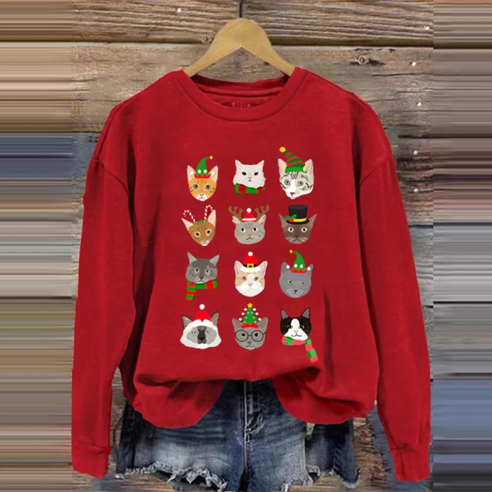 Festive Cats Xmas Printed Casual Sweatshirt