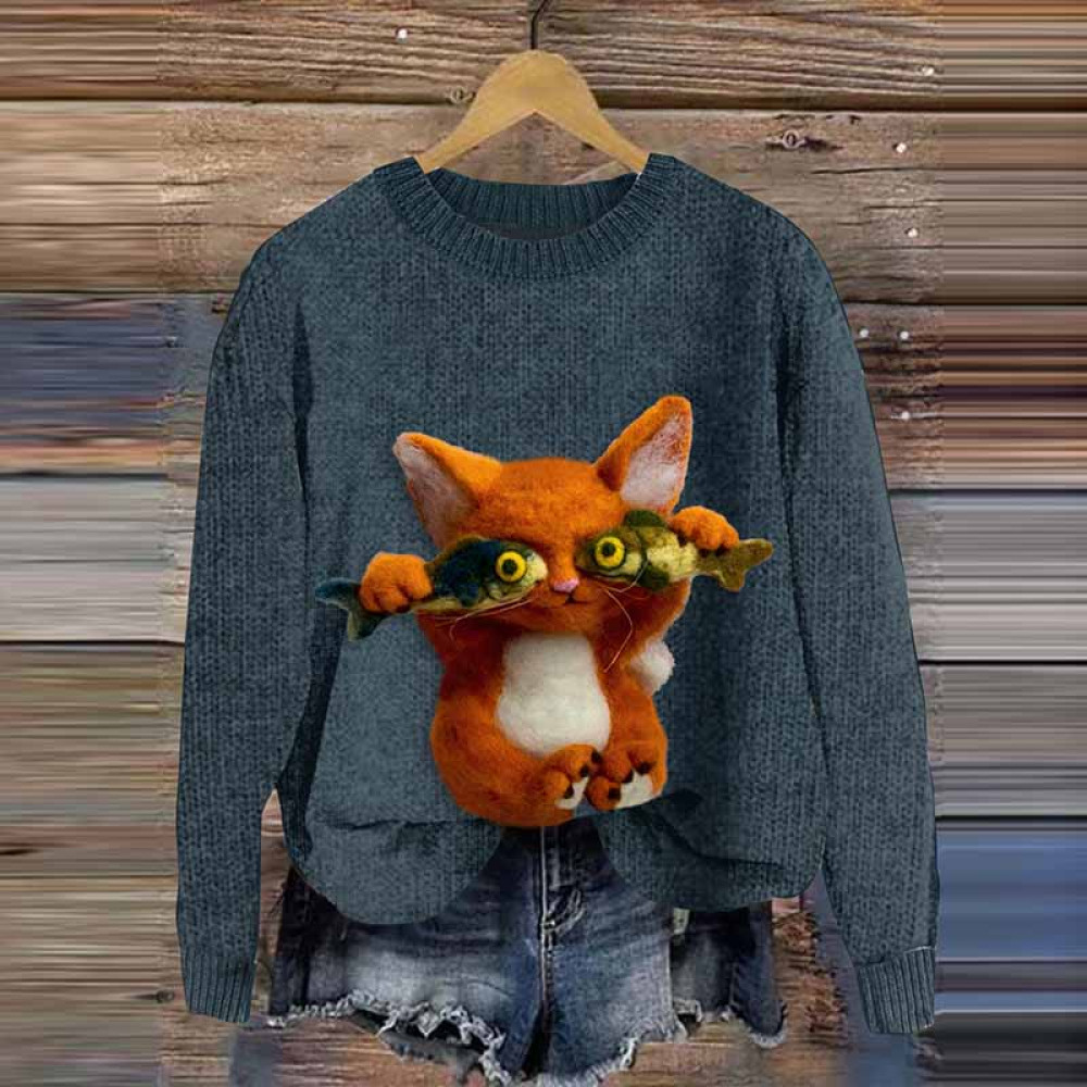 Fish-Stealing Orange Cat Plush Felt Cozy Knit Sweater