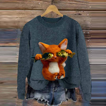 Fish-Stealing Orange Cat Plush Felt Cozy Knit Sweater
