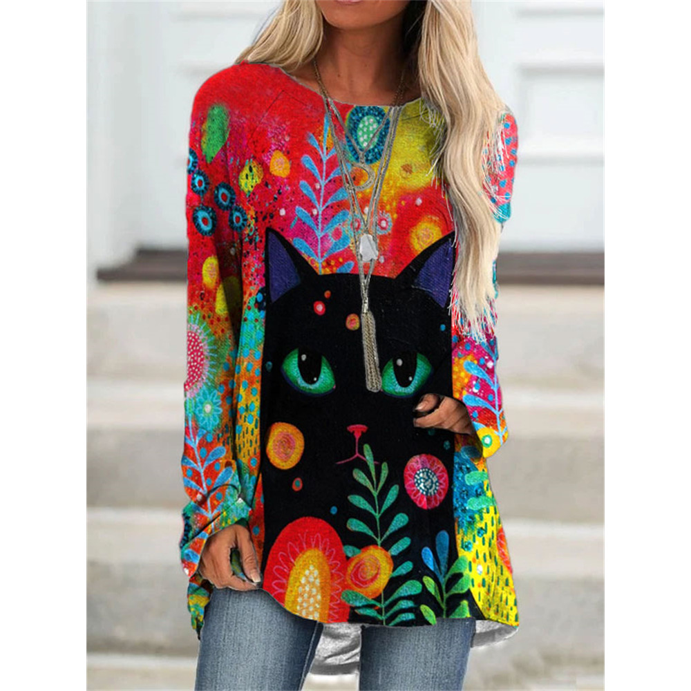 Floral Cat Art A Line T Shirt