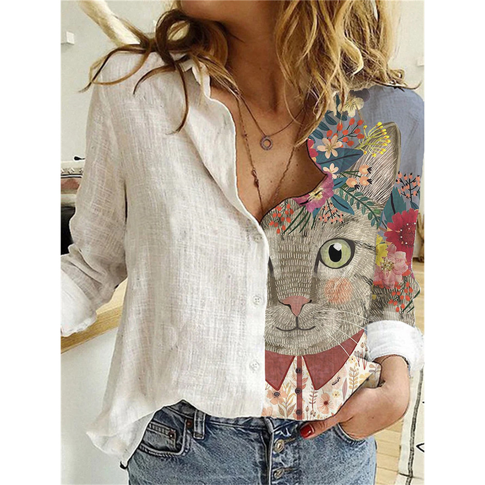 Floral Cat Art Patchwork Blouse