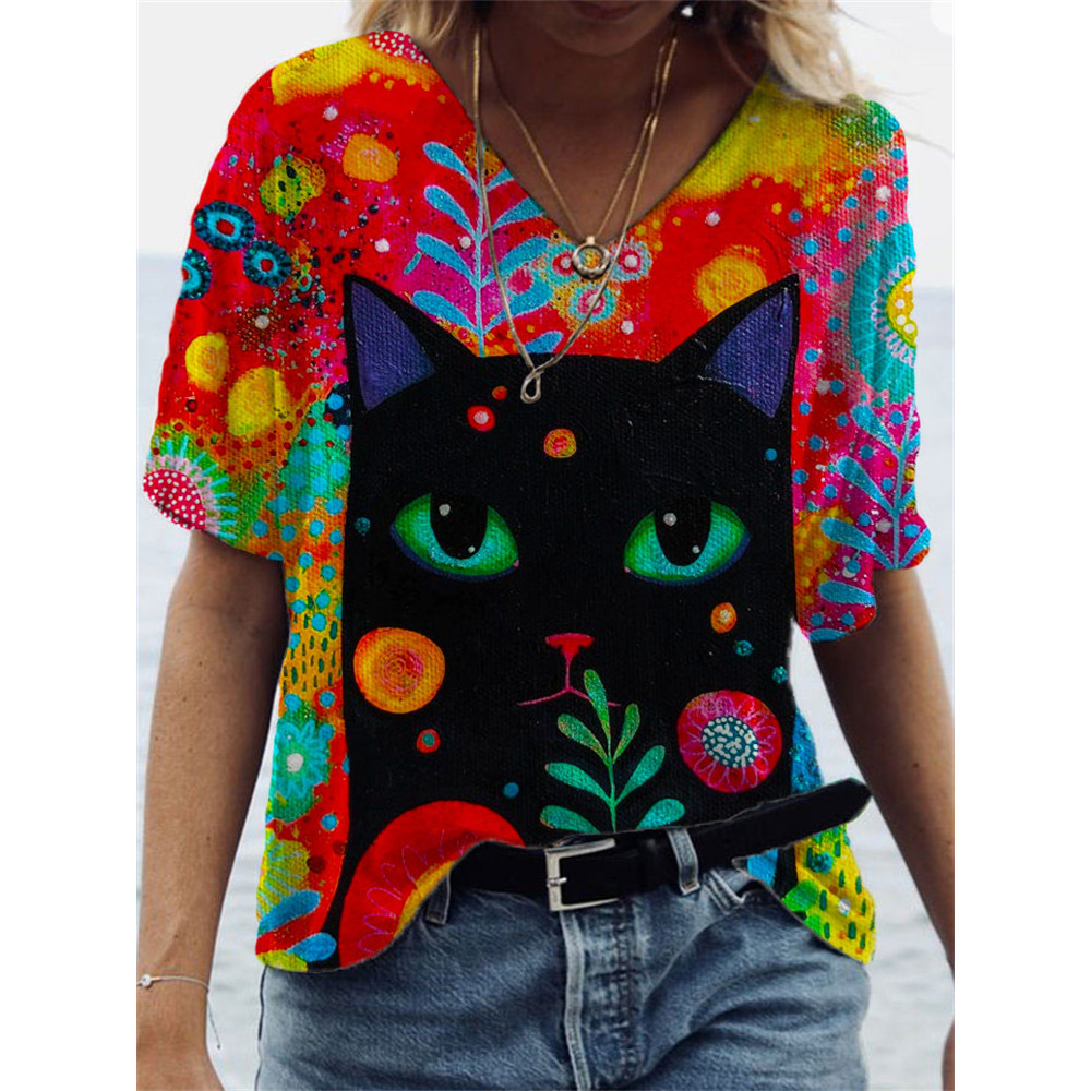 Floral Cat Art V Neck T Shirt