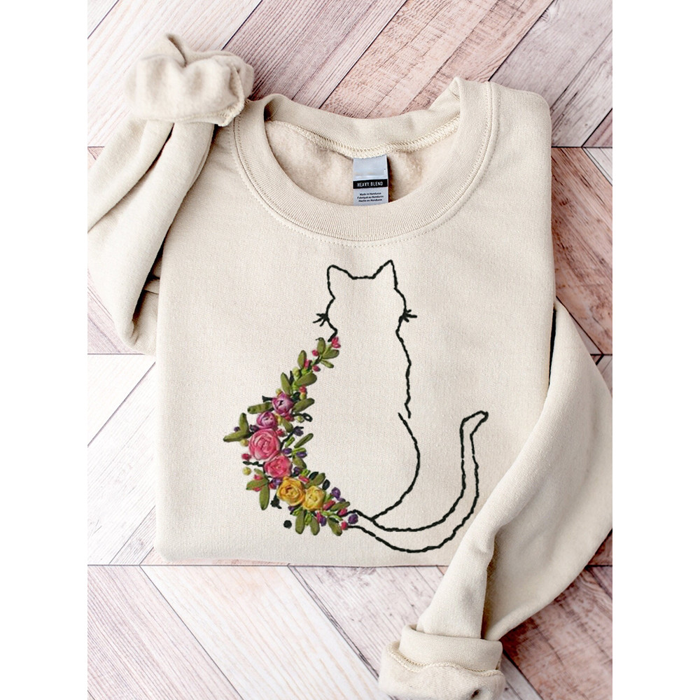 Floral Cat Back View Embroidery Art Comfy Sweatshirt