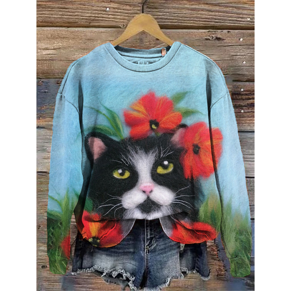 Flower Cat Crew Neck Sweatshirt