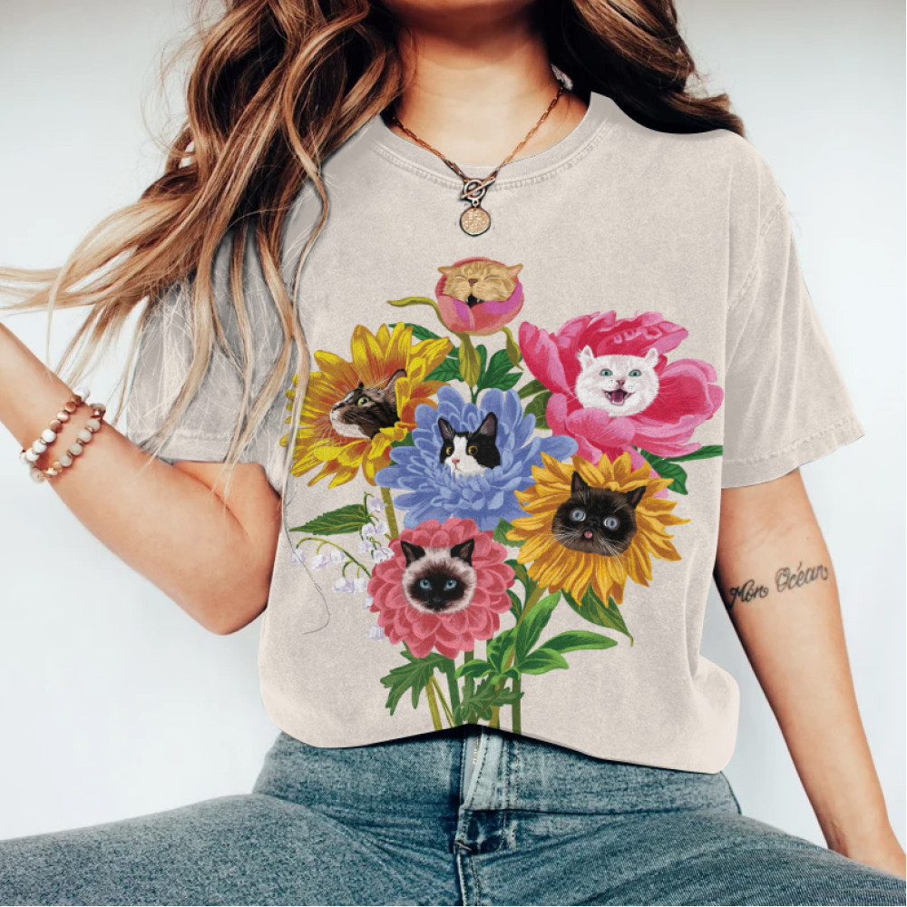 Flower Cat Print Round Neck Casual T-Shirt