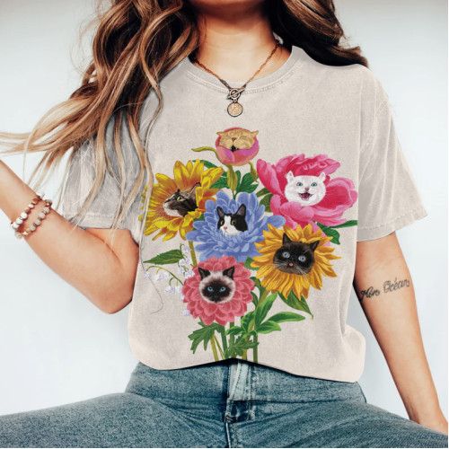 Flower Cat Print Round Neck Casual T-Shirt