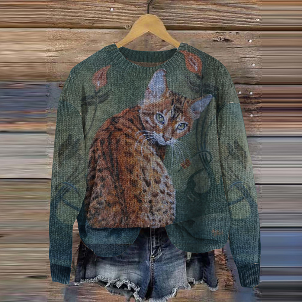 Flower Cute Leopard Print Cat Crew Neck Sweater