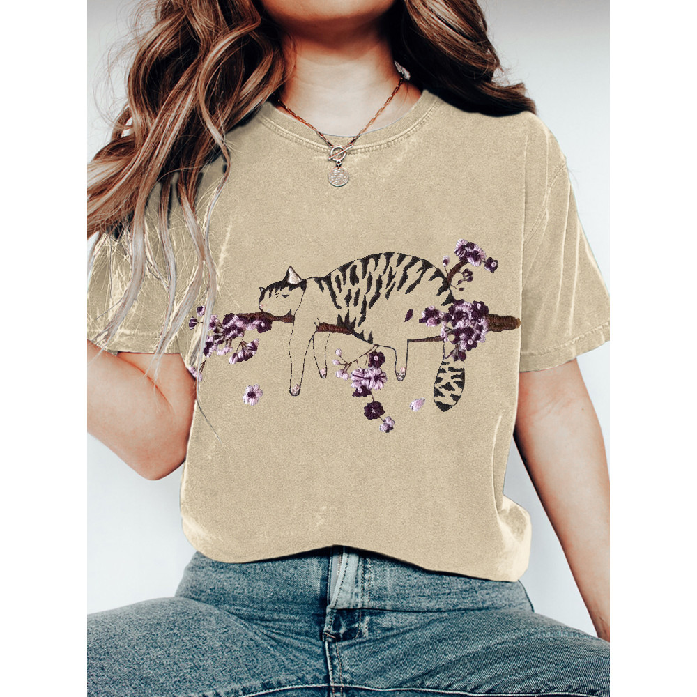 Flower & Cat Embroidery Short Sleeve T-Shirt