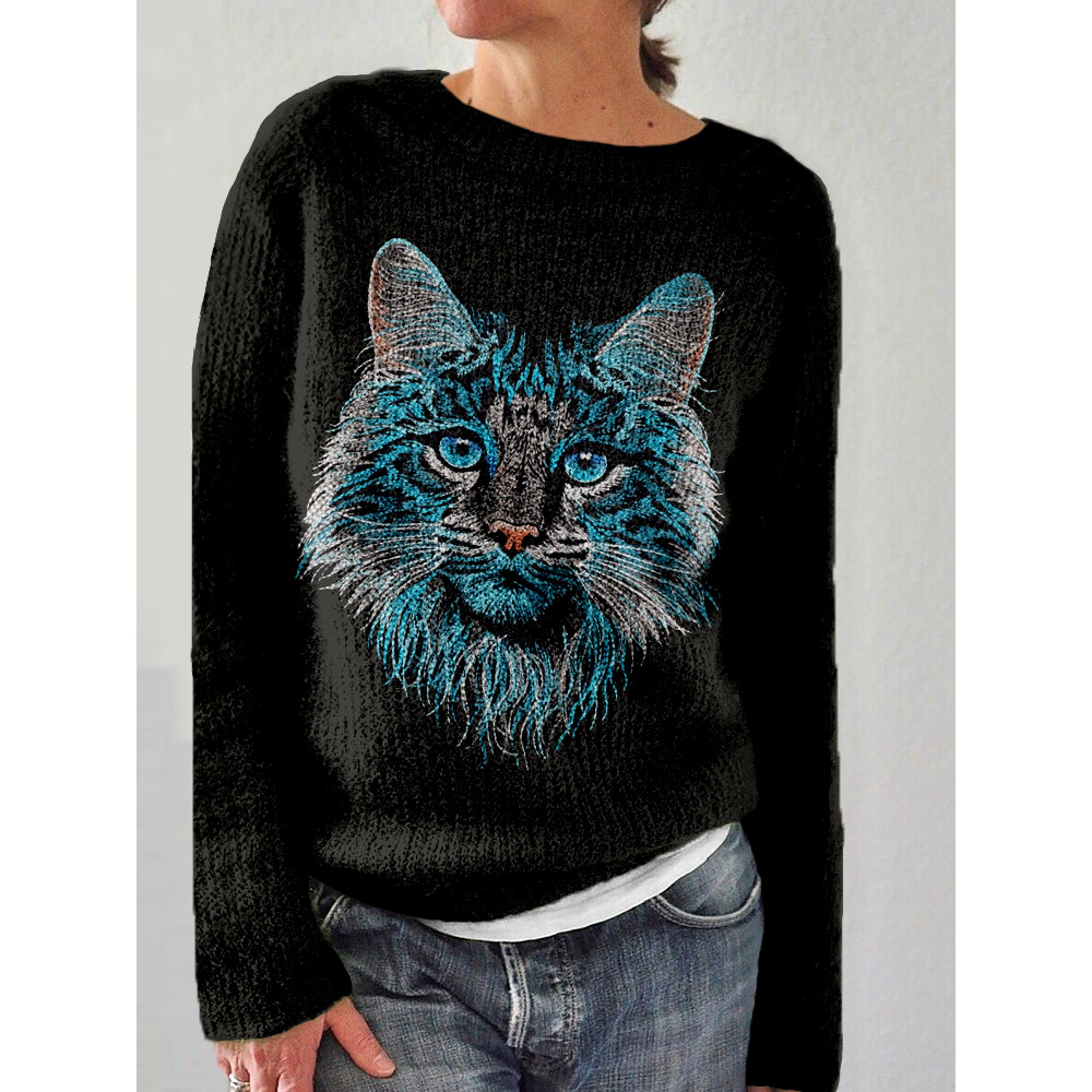 Fluffy Cat Embroidery Art Graphic Cozy Sweater