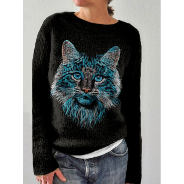 Fluffy Cat Embroidery Art Graphic Cozy Sweater