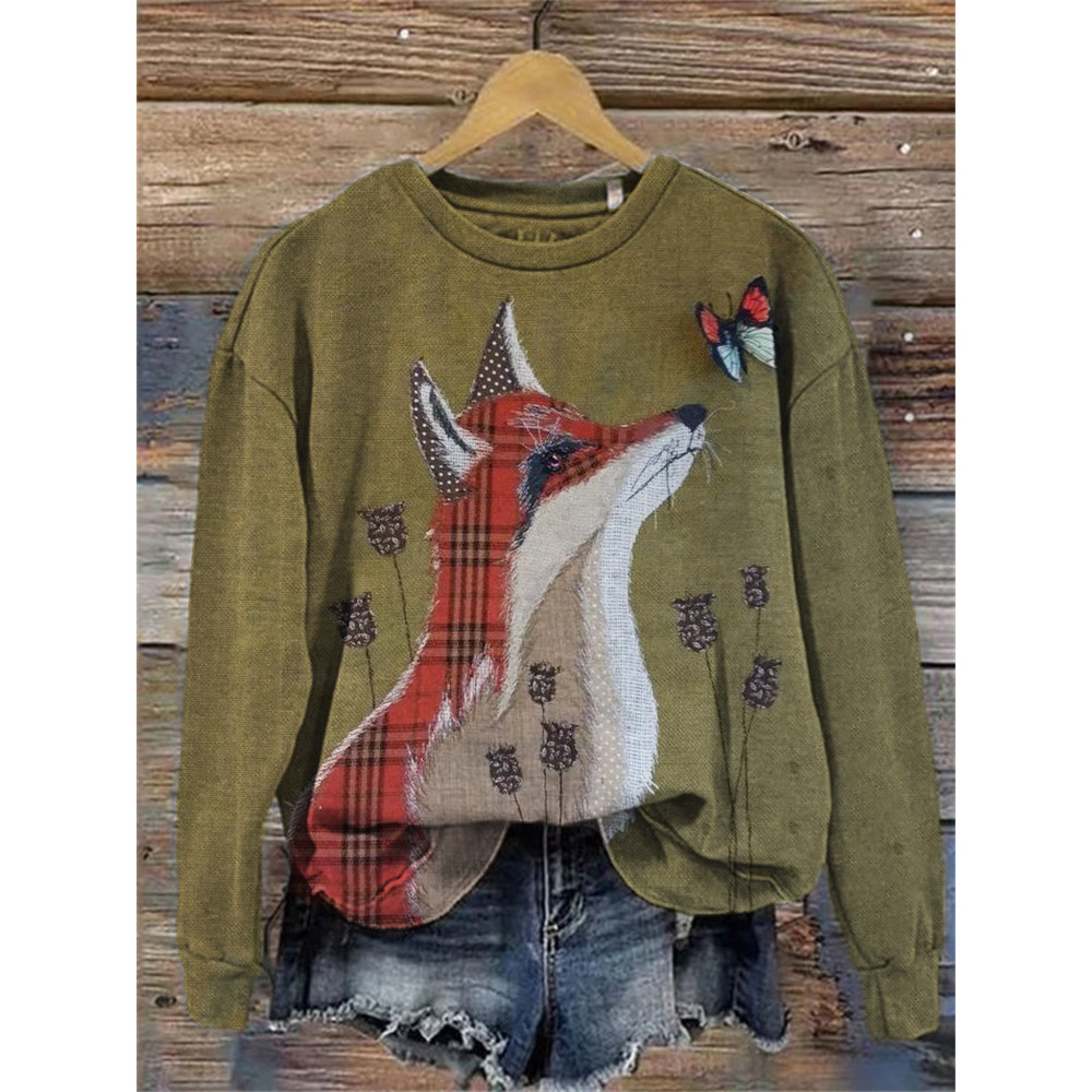 Forest Fox & Butterfly Fiber Art Cozy Sweatshirt