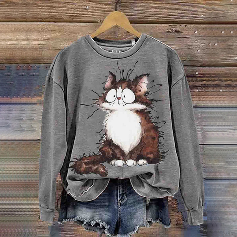 Fried Brown Cat Retro Print Sweatshirt