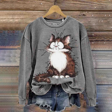 Fried Brown Cat Retro Print Sweatshirt