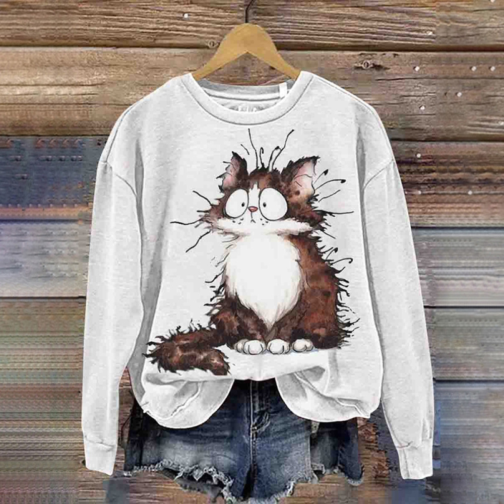 Fried Brown Cat Retro Print Sweatshirt