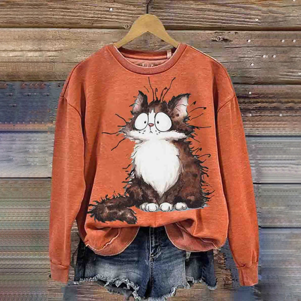 Fried Brown Cat Retro Print Sweatshirt