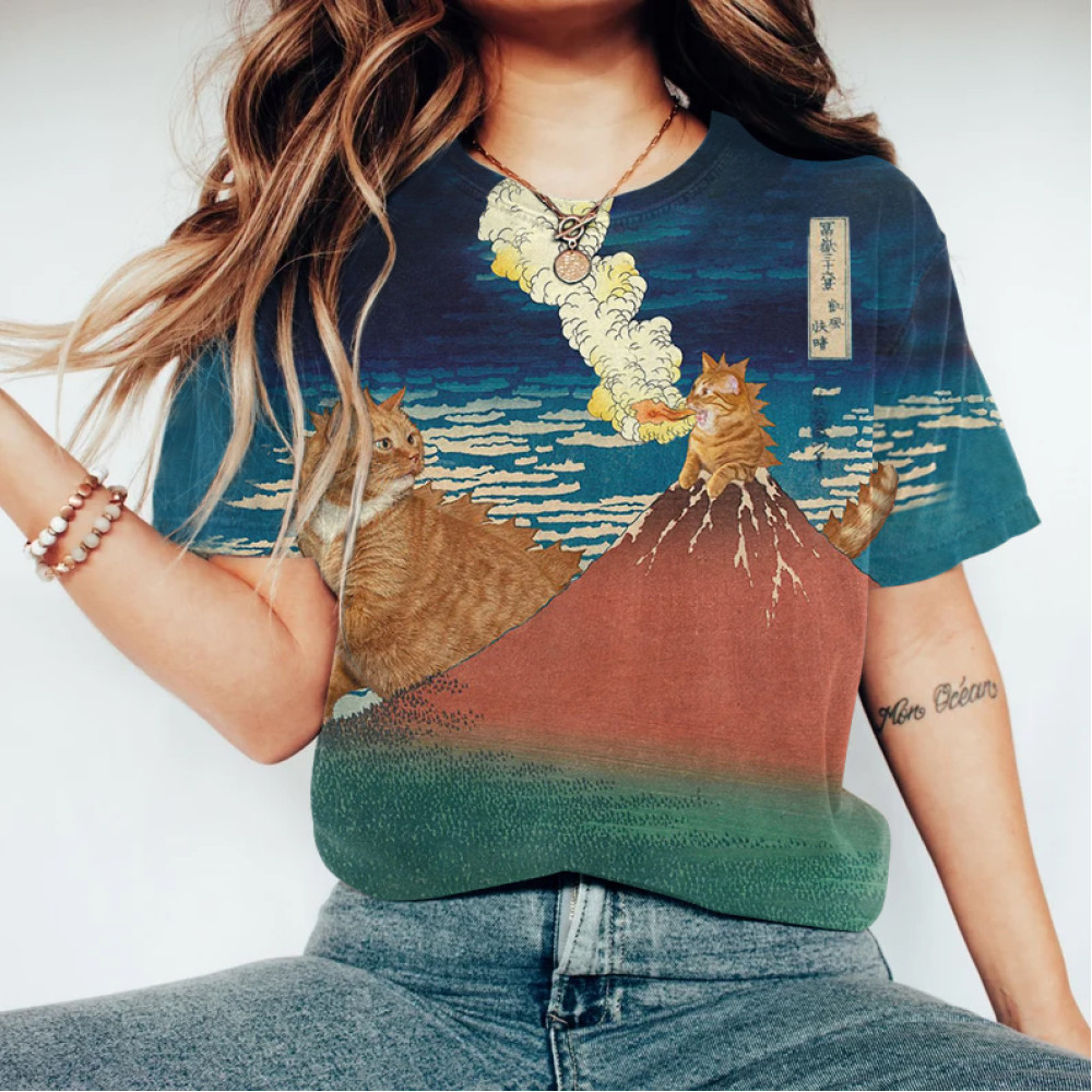 Fun Cat Godzilla Graphics Japanese Art Short Sleeve T-Shirt