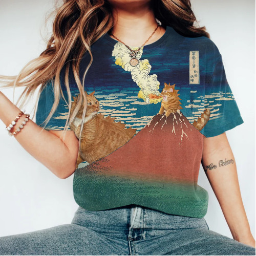 Fun Cat Godzilla Graphics Japanese Art Short Sleeve T-Shirt