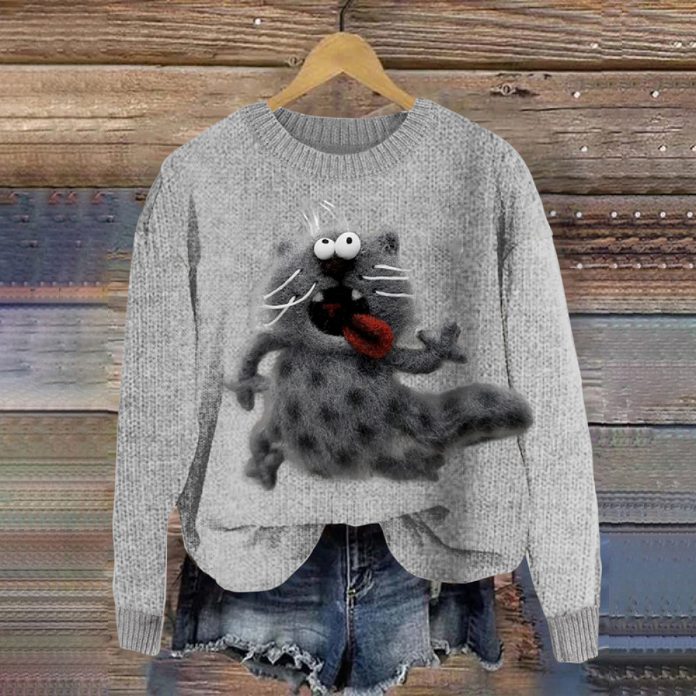 Fun Crazy Cat Plush Felt Cozy Knit Sweater