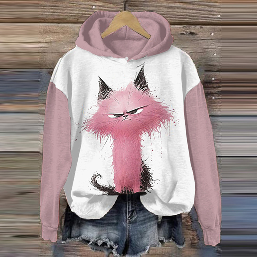 Funny Angry Cat Color Block Art Design Print Casual Hoodie