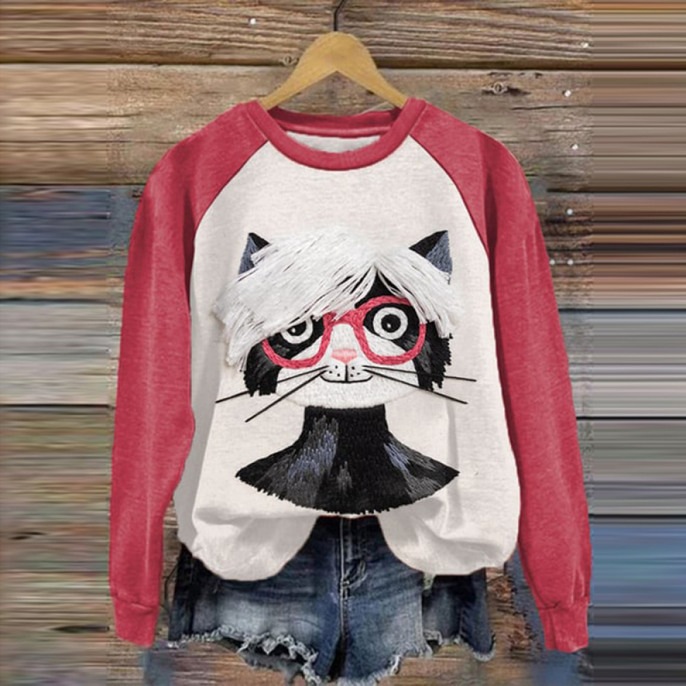 Funny Artist Cat Print Sweatshirt