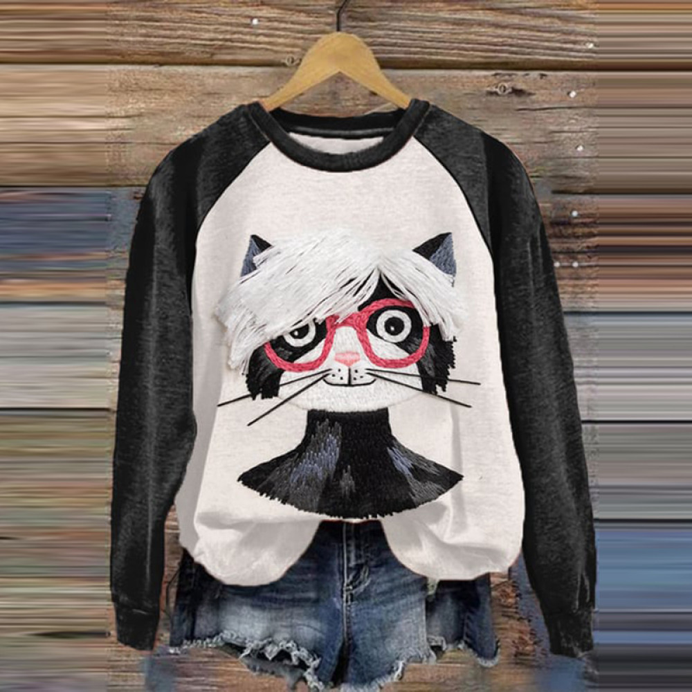 Funny Artist Cat Print Sweatshirt
