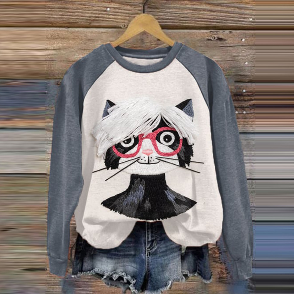 Funny Artist Cat Print Sweatshirt