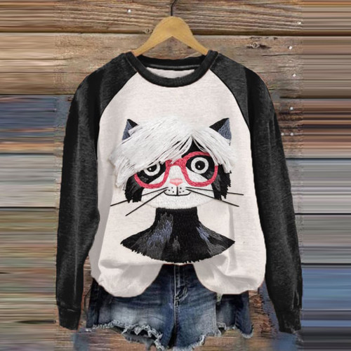 Funny Artist Cat Print Sweatshirt