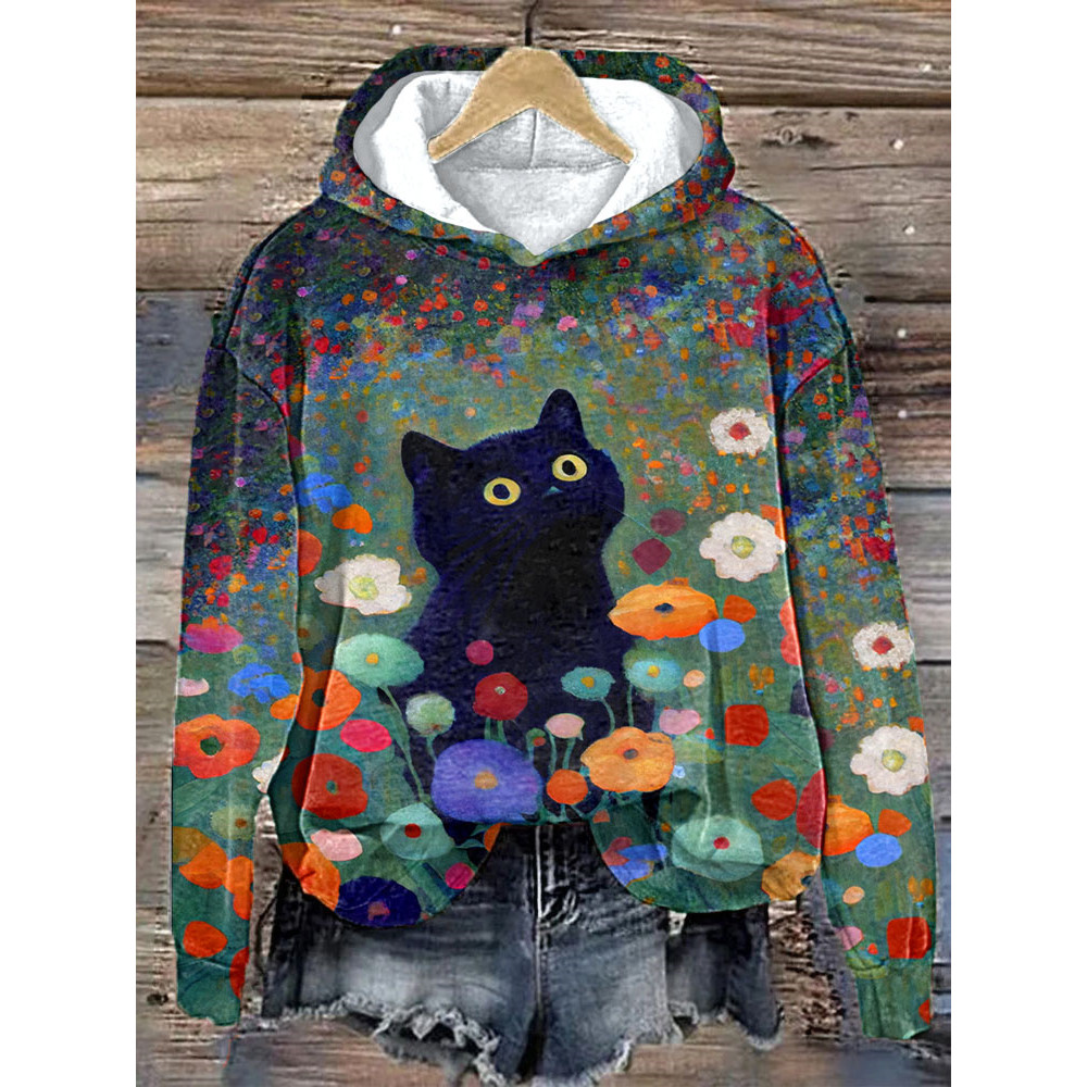 Funny Black Cat Art Floral Print Hoodie