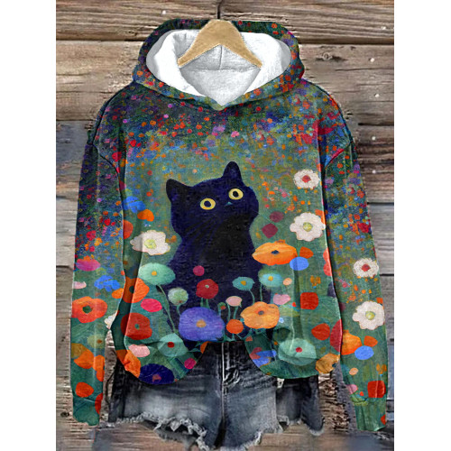 Funny Black Cat Art Floral Print Hoodie