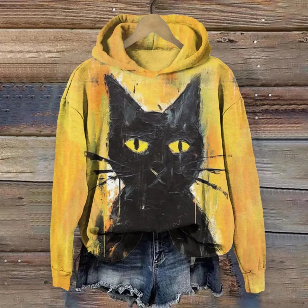 Funny Black Cat Art Print Casual Hoodie